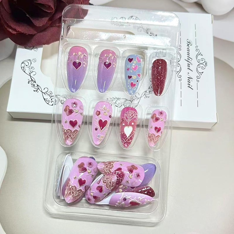 Vopintpy Romantic Valentines Press on Nails Pink Love Heart False Nails Gold Line Design Glue on Nail Glossy Medium Almond Valentines Stick on Nail for Women DIY Manicure - Image 3